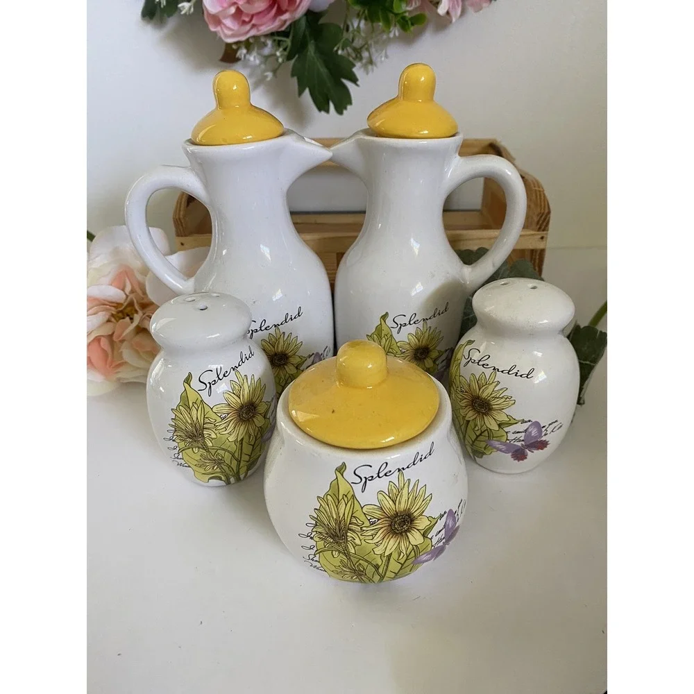 Vintage‎ Ceramic Sunflowers Salt Pepper Vinegar Oil Set Cruet Set Wooden Caddy